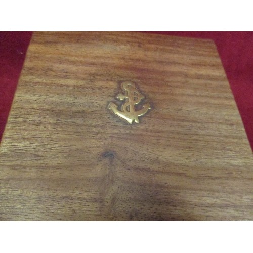 62 - NAUTICAL BRASS SUNDIAL COMPASS IN A TEAK WOOD BOX WITH BRASS ANCHOR INLAY