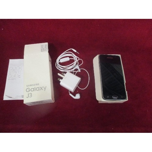 63 - SAMSUNG GALAXY J3 MOBILE PHONE WITH BOX, CHARGER PLUG & INSTRUCTIONS & EARPHONES - APPEARS WORKING (... 