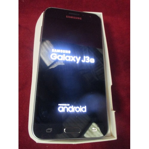 63 - SAMSUNG GALAXY J3 MOBILE PHONE WITH BOX, CHARGER PLUG & INSTRUCTIONS & EARPHONES - APPEARS WORKING (... 