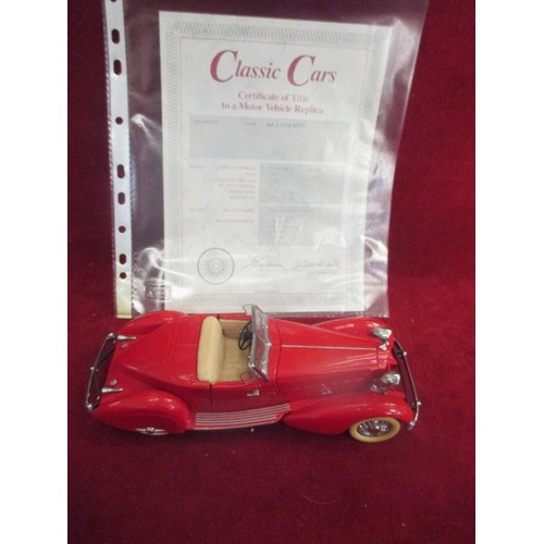 1 - DANBURY MINT DIE CAST 1:24 MODEL 1934 PACKARD IN RED WITH CERTIFICATE