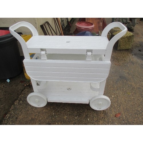 481 - WHITE PLASTIC GARDEN TROLLEY WITH 2 LEAVES AND PARASOL HOLE ON WHEELS