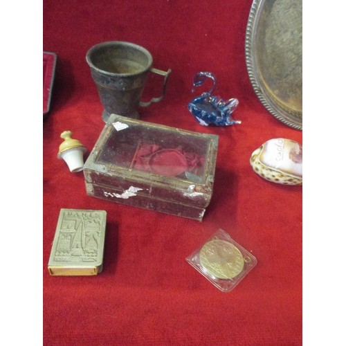 51B - MIXED VINTAGE LOT ON A SILVER PLATED TRAY. INCLUDES OPERA GLASSES, CARVED 