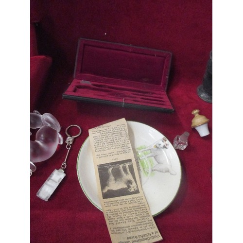 51B - MIXED VINTAGE LOT ON A SILVER PLATED TRAY. INCLUDES OPERA GLASSES, CARVED 