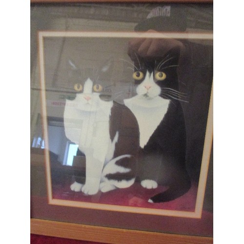 66B - PRINT OF BLACK AND WHITE CATS IN A WOODEN FRAME - 38CM X 40CM AND A PINE FRAMED WALL MIRROR, 4OCM SQ... 