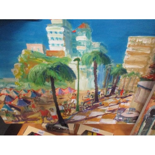 235 - 2 SIGNED OIL/ACRYLIC PAINTINGS [UNFRAMED] BY LOCAL ARTIST BRIAN LORDAN. MEDITERRANEAN VIEWS OF BEACH... 