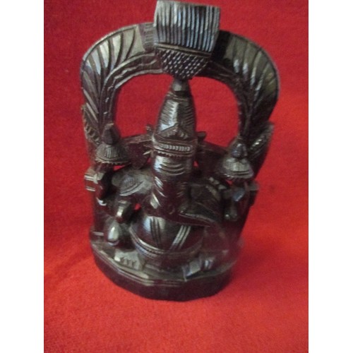 151 - 3 X VINTAGE INDIAN HARDWOOD CARVINGS OF DEITIES INCLUDING GANESH - 15CM