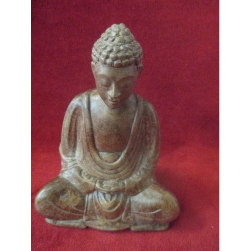 150 - VINTAGE CARVED HARDWOOD SEATED BUDDHA - 15CM AND A 20TH CENTURY RESIN BUDDHA ON A WOODEN STAND