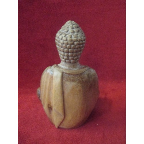 150 - VINTAGE CARVED HARDWOOD SEATED BUDDHA - 15CM AND A 20TH CENTURY RESIN BUDDHA ON A WOODEN STAND