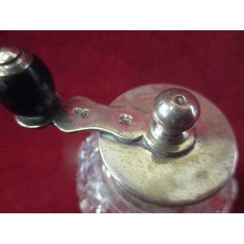 132 - A VICTORIAN STERLING SILVER AND CUT GLASS PEPPER GRINDER, LONDON 1889, MAKER HUKIN & HEATH. THE GRIN... 