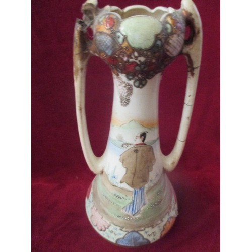 172 - AN UNUSUAL PAIR OF EARLY 20TH CENTURY JAPANESE SATSUMA VASES HAND DECORATED WITH LADIES IN A GARDEN ... 