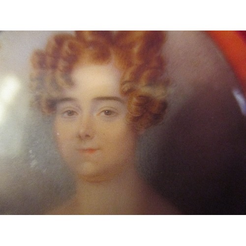 155 - EARLY 19TH CENTURY PORTRAIT MINIATURE - WATERCOLOUR ON IVORY OF A REGENCY LADY IN A WHITE DRESS, HER... 