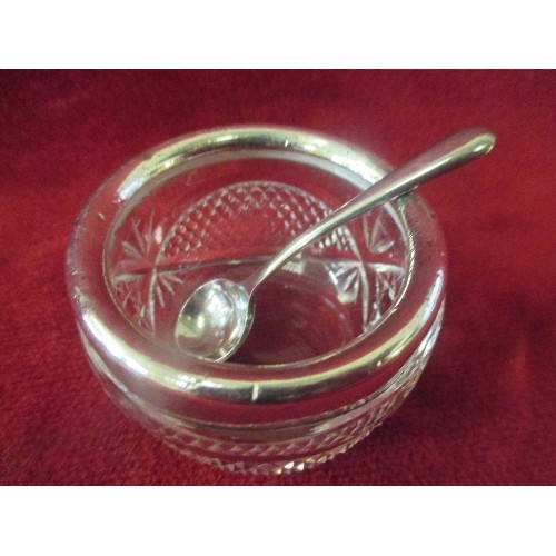 147 - A CUT GLASS OPEN SALT WITH SILVER RIM - LONDON 1926, PROBABLY ROBERTS AND BELK TOGETHER WITH A PLATE... 