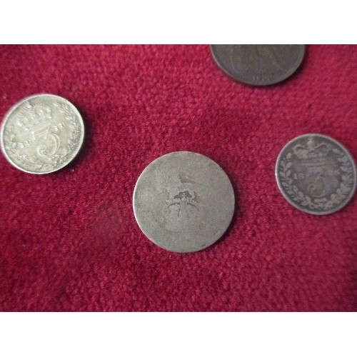 100 - BOX OF COINS INC 1808 EAST INDIA COMPANY X CASH, SILVER THREEPENNY BITS 1886, 88, 1901, 16, 18. FART... 