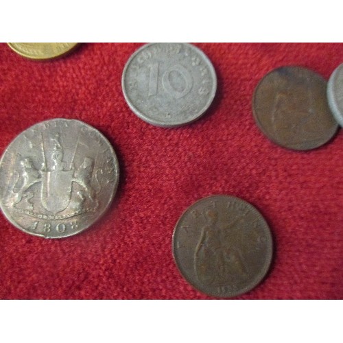 100 - BOX OF COINS INC 1808 EAST INDIA COMPANY X CASH, SILVER THREEPENNY BITS 1886, 88, 1901, 16, 18. FART... 