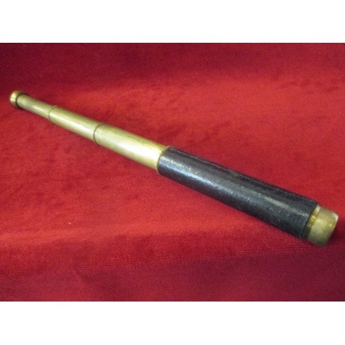 117 - ANTIQUE LATE 19TH/ EARLY 20TH CENTURY LEATHER COVERED FOUR DRAW TELESCOPE, GILT BRASS, WITH END CAP.... 