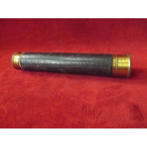 117 - ANTIQUE LATE 19TH/ EARLY 20TH CENTURY LEATHER COVERED FOUR DRAW TELESCOPE, GILT BRASS, WITH END CAP.... 