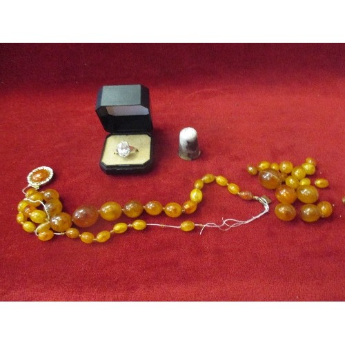 29 - MIXED LOT INC GRADUATED AMBER BEADS FOR RE-STRINGING, A 925 SILVER RING WITH LARGE OVAL CLEAR FACETE... 