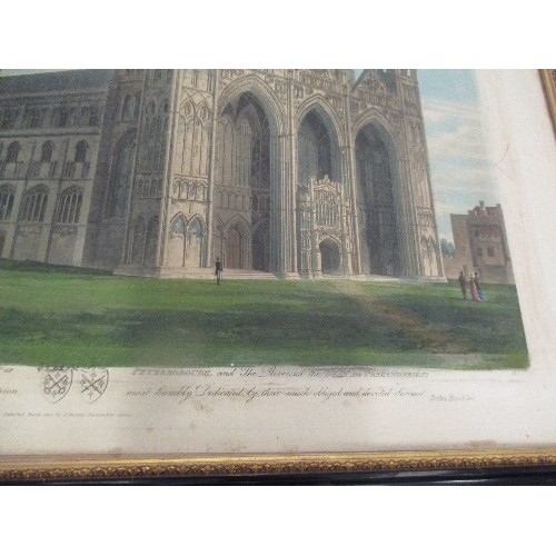 161 - JOHN BUCKLER (1770 - 1851) LARGE 19TH CENTURY HAND COLOURED ENGRAVING OF PETERBOROUGH CATHEDRAL, NOR... 