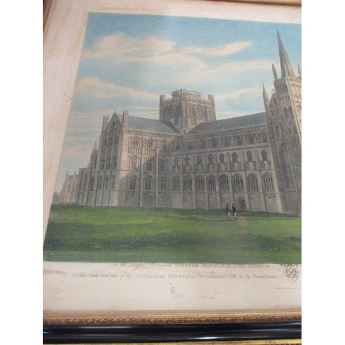 161 - JOHN BUCKLER (1770 - 1851) LARGE 19TH CENTURY HAND COLOURED ENGRAVING OF PETERBOROUGH CATHEDRAL, NOR... 