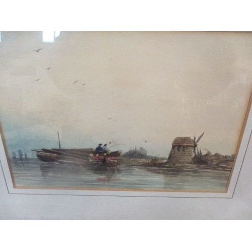 163 - MID 19TH CENTURY DUTCH WATERCOLOUR OF TIMBER BARGE AND WINDMILL - FRAMED AND GLAZED 38CM X 30CM  FRA... 