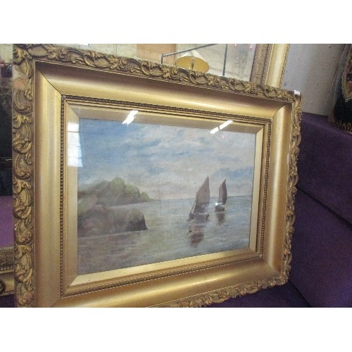 157 - EARLY 20TH CENTURY OIL PAINTING ON CANVAS OF TWO SMALL SAILING BOATS JUST OFF THE COAST - INDISTINCT... 