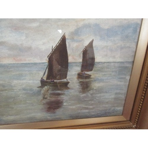 157 - EARLY 20TH CENTURY OIL PAINTING ON CANVAS OF TWO SMALL SAILING BOATS JUST OFF THE COAST - INDISTINCT... 