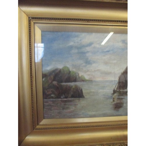 157 - EARLY 20TH CENTURY OIL PAINTING ON CANVAS OF TWO SMALL SAILING BOATS JUST OFF THE COAST - INDISTINCT... 