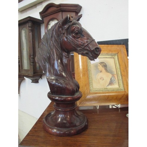 179 - A GOOD QUALITY CARVED MAHOGANY HORSES HEAD - WELL DETAILED BRIDLE -DAMAGE TO EARS - 32CM