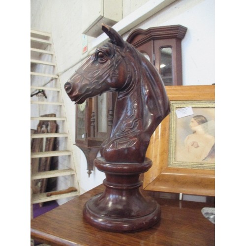 179 - A GOOD QUALITY CARVED MAHOGANY HORSES HEAD - WELL DETAILED BRIDLE -DAMAGE TO EARS - 32CM