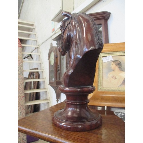 179 - A GOOD QUALITY CARVED MAHOGANY HORSES HEAD - WELL DETAILED BRIDLE -DAMAGE TO EARS - 32CM