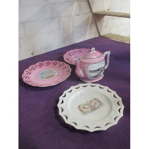 253 - THREE EDWARDIAN RIBBON PLATES INC PINK LUSTRE PETERBOROUGH CATHEDRAL, LINCOLN CATHEDRAL, 1902 CORONA... 