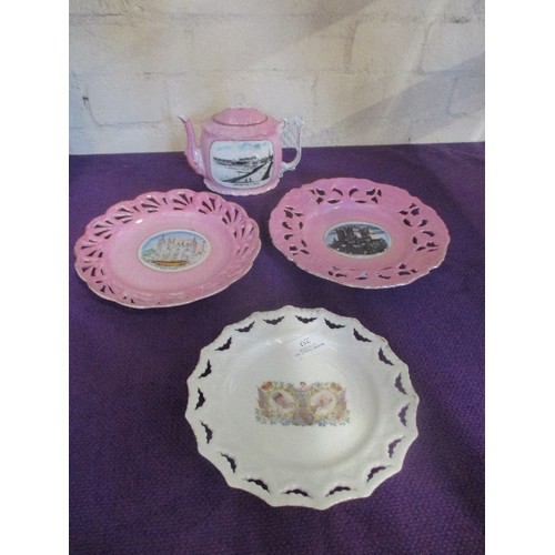 253 - THREE EDWARDIAN RIBBON PLATES INC PINK LUSTRE PETERBOROUGH CATHEDRAL, LINCOLN CATHEDRAL, 1902 CORONA... 