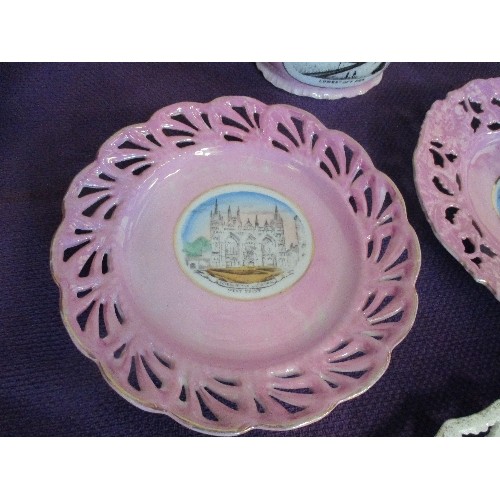 253 - THREE EDWARDIAN RIBBON PLATES INC PINK LUSTRE PETERBOROUGH CATHEDRAL, LINCOLN CATHEDRAL, 1902 CORONA... 