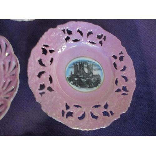 253 - THREE EDWARDIAN RIBBON PLATES INC PINK LUSTRE PETERBOROUGH CATHEDRAL, LINCOLN CATHEDRAL, 1902 CORONA... 