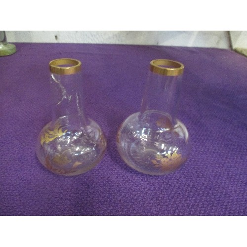 254 - VICTORIAN GLASS INCLUDING A PAIR OF CRANBERRY GLASS BELLS WITH CLEAR HANDLES WITHOUT CLAPPERS (22CM)... 