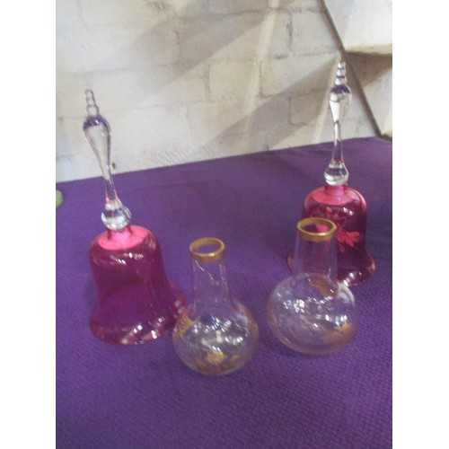 254 - VICTORIAN GLASS INCLUDING A PAIR OF CRANBERRY GLASS BELLS WITH CLEAR HANDLES WITHOUT CLAPPERS (22CM)... 