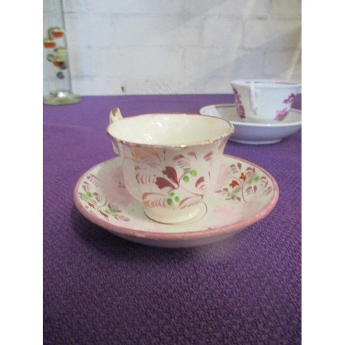 255 - 19TH CENTURY SUNDERLAND LUSTRE FAITH, HOPE AND CHARITY CUP AND SAUCER AND A FURTHER VICTORIAN PINK L... 