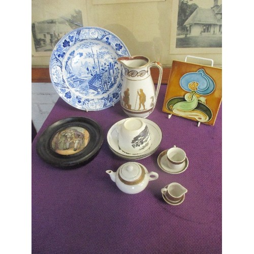 250 - SELECTION OF 19TH CENTURY CERAMICS INCLUDING EARLY 19TH C BAT PRINT CUP & SAUCER & FURTHER SAUCER, P... 