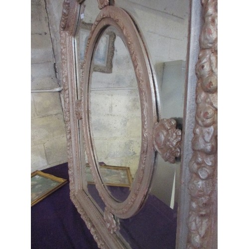 183 - A LARGE AND IMPRESSIVE EMPIRE STYLE SILVERED FRAME WALL MIRROR - BEVELLED GLASS. THE CARVED AND MOUL... 