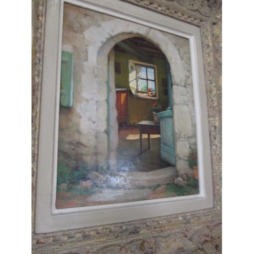 195 - CLAUDE PERRON - FRENCH - 20TH CENTURY. OIL ON BOARD OF A FRENCH COTTAGE WITH OPEN DOOR. SIGNED BOTTO... 