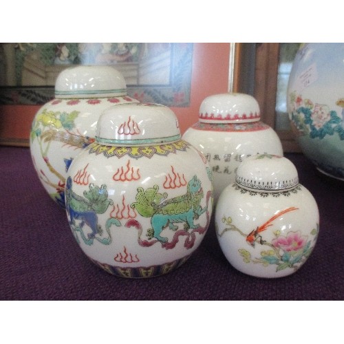 149 - FOUR 20TH CENTURY CHINESE PORCELAIN GINGER JARS WITH LIDS, DECORATED IN FAMILLE ROSE COLOURS, ONE WI... 