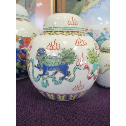 149 - FOUR 20TH CENTURY CHINESE PORCELAIN GINGER JARS WITH LIDS, DECORATED IN FAMILLE ROSE COLOURS, ONE WI... 