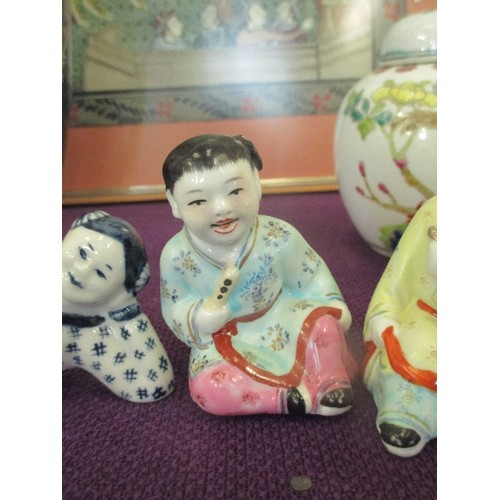 173 - ORIENTAL PORCELAIN INCLUDING MALE AND FEMALE RECLINING FIGURES IN BLUE AND WHITE, SIGNED TO BASE AND... 