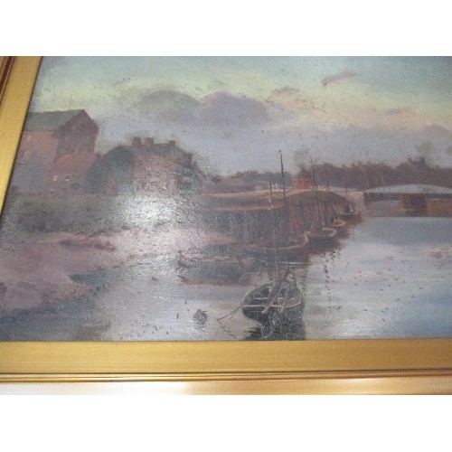 160 - LATE 19TH CENTURY OIL PAINTING ON BOARD BELIEVED TO BE OF BOSTON (LINCS) DOCKS WITH SWING BRIDGE AND... 