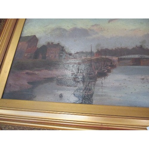 160 - LATE 19TH CENTURY OIL PAINTING ON BOARD BELIEVED TO BE OF BOSTON (LINCS) DOCKS WITH SWING BRIDGE AND... 