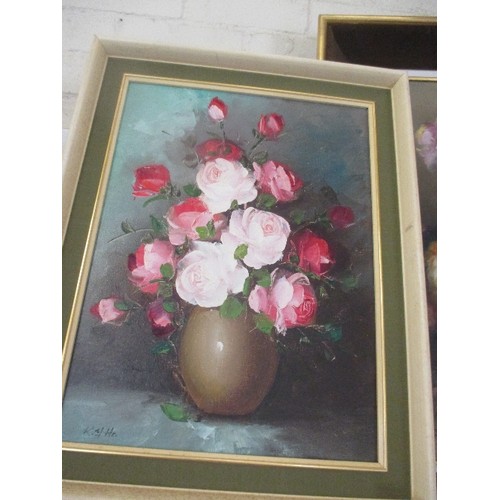 187 - 20TH CENTURY OIL PAINTING ON CANVAS OF PINK AND RED ROSES IN A VASE. SIGNED K Y HO . ORIGINAL FRAME.... 