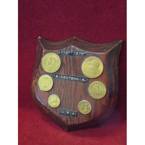 101 - USA BIENTENNIAL COIN SET , 1776 - 1976 GOLD PLATED, ON A WOODEN PLAQUE. ONE DOLLAR TO QUARTER DOLLAR