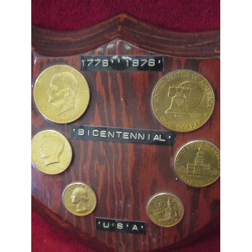 101 - USA BIENTENNIAL COIN SET , 1776 - 1976 GOLD PLATED, ON A WOODEN PLAQUE. ONE DOLLAR TO QUARTER DOLLAR