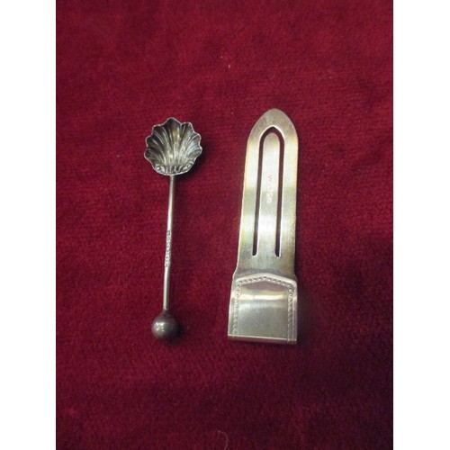 143 - STERLING SILVER BOOKMARK, LONDON 1992, MAKER JR, AND A SILVER SALT SPOON WITH SHELL SHAPED BOWL, BIR... 