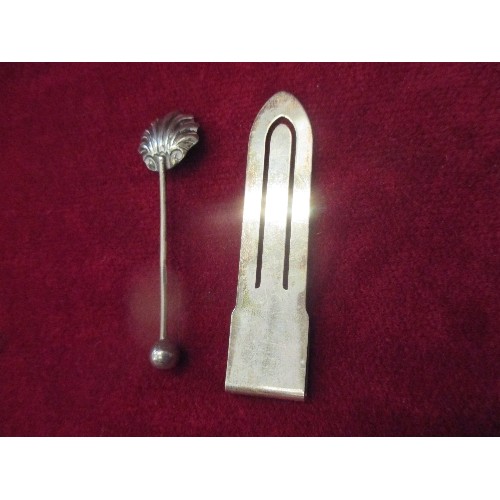 143 - STERLING SILVER BOOKMARK, LONDON 1992, MAKER JR, AND A SILVER SALT SPOON WITH SHELL SHAPED BOWL, BIR... 